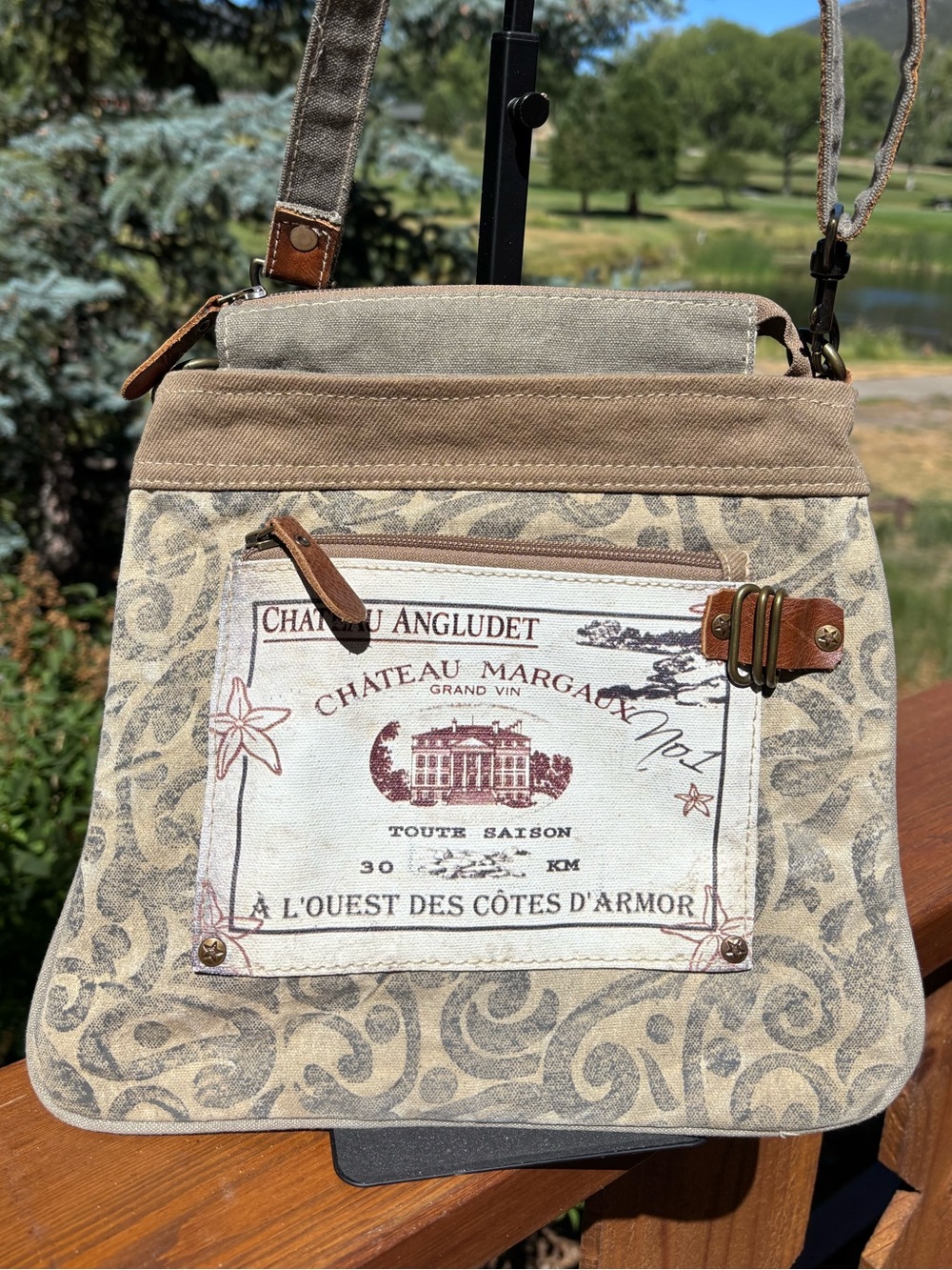 Myra Vintage-Inspired Beige Canvas Crossbody Bag with Leather Accents